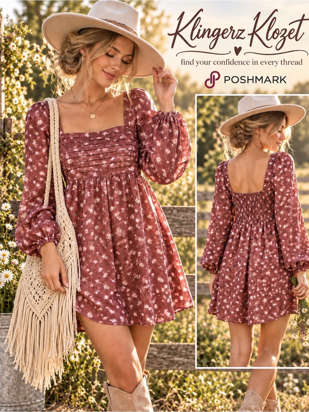 Crystal DollFloral Square-Neck Long Sleeve Dress NWT